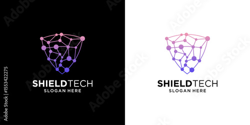 Shield tech logo design template. Abstract shape network connection symbol concept.