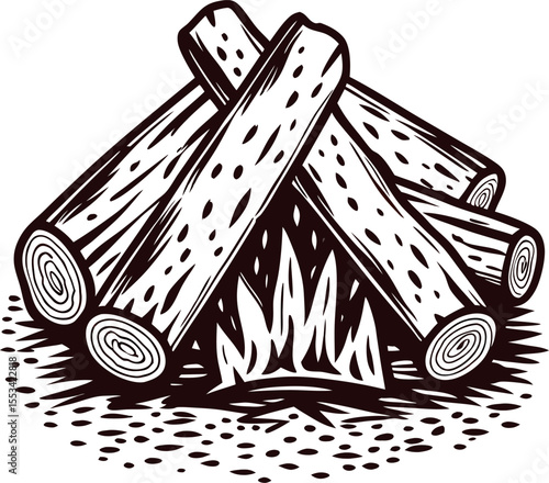 Rustic hand drawn campfire with logs and flames, vintage woodcut etching illustration