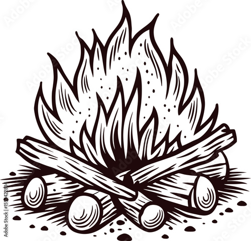 Vintage woodcut illustration of a campfire with burning logs and flames in rustic engraving
