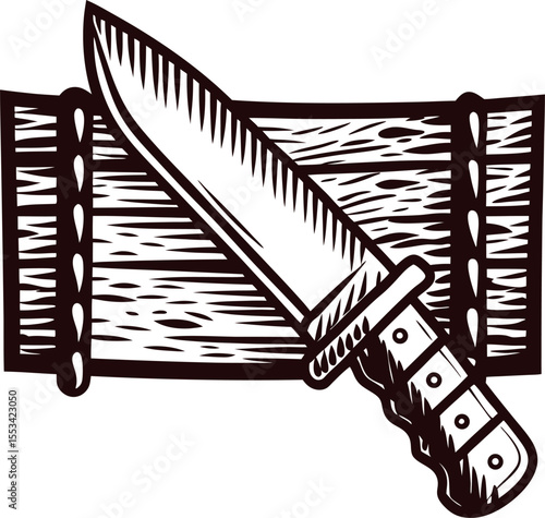 Hand drawn survival knife on rustic wooden chopping board vintage engraving illustration
