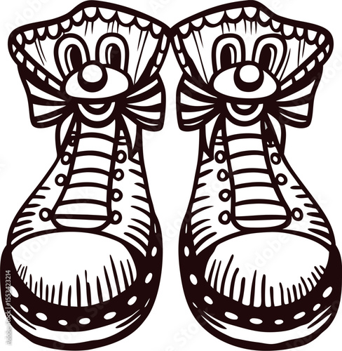 Vintage engraving of whimsical clown shoes with exaggerated toes and decorative collars, black and white hand drawn illustration