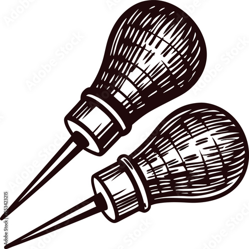 Vintage engraved illustration of two wooden handle awls with pointed metal tips, isolated on white background