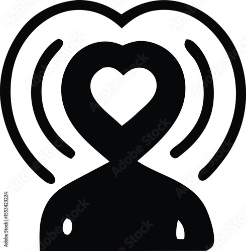 Stylized black silhouette of a person with a heart symbol radiating waves of energy from their head
