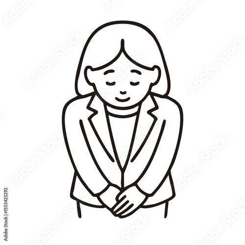 Woman bowing to express gratitude, minimal line art illustration