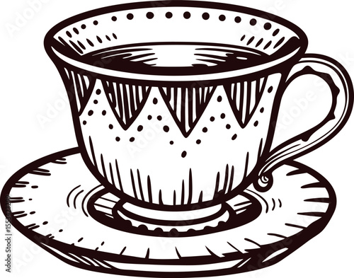 Vintage hand drawn teacup with hot beverage and ornamental patterned saucer sketch illustration