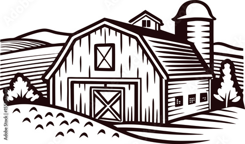 Rustic barn and silo illustration with farmland landscape in vintage engraved drawing