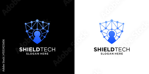 Shield tech with keyhole logo template. Abstract cyberspace logo usable for business technology.