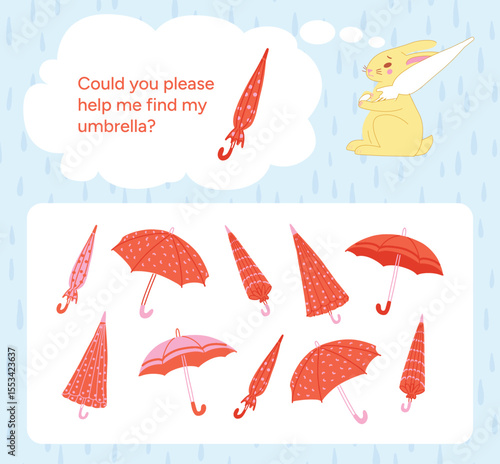 Yellow Bunny thinking about missing Red Umbrella with white polka dots. Help find matching one among different Umbrellas. Educational puzzle game for kids. Flat cartoon vector illustration.