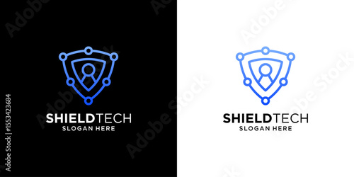 Shield tech with keyhole logo template. Abstract cyberspace logo usable for business technology.