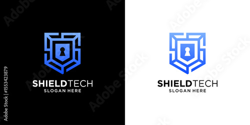 Shield tech with keyhole logo template. Abstract cyberspace logo usable for business technology.