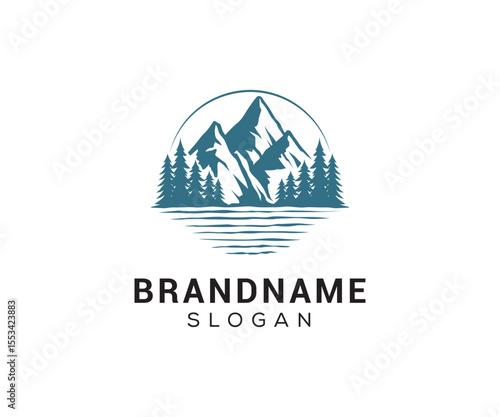 Mountain peak logo design icon. Outdoor hiking adventure emblem. Mountain summit vector illustration.