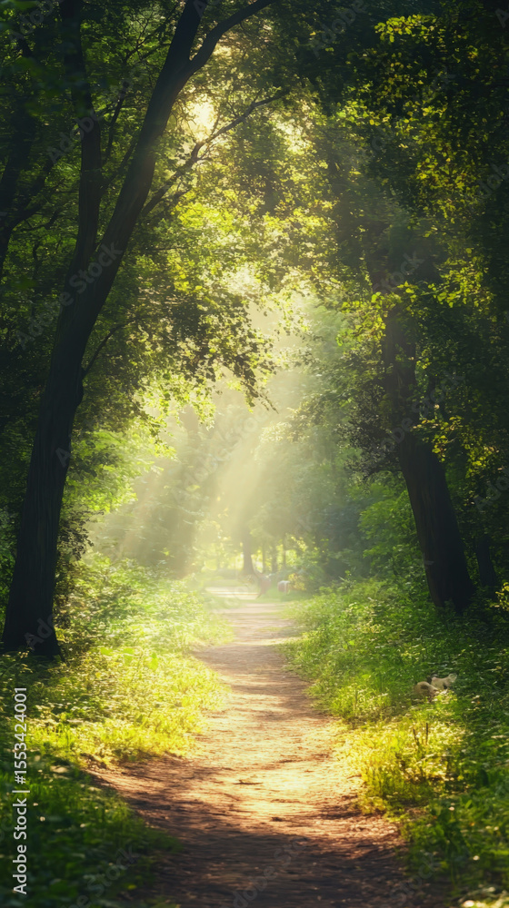 Fototapeta premium A serene forest path bathed in dappled sunlight filtering through the dense canopy, creating a peaceful and inviting natural landscape