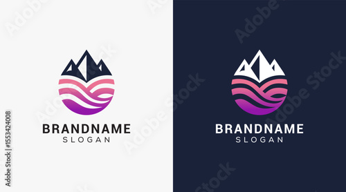 Mountain peak logo design icon. Outdoor hiking adventure emblem. Mountain summit vector illustration.