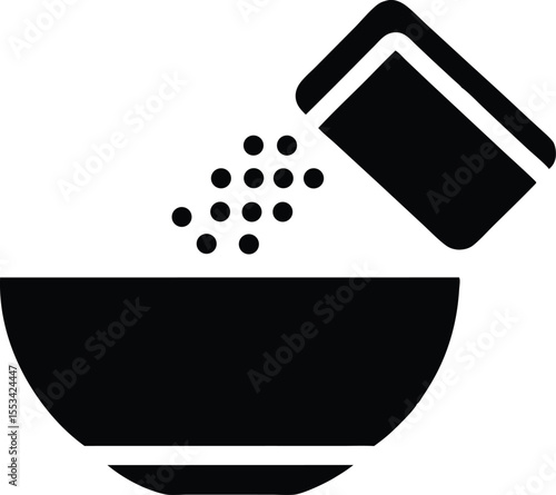 Container pours black pellets into a curved bowl; a minimalist, monochromatic icon