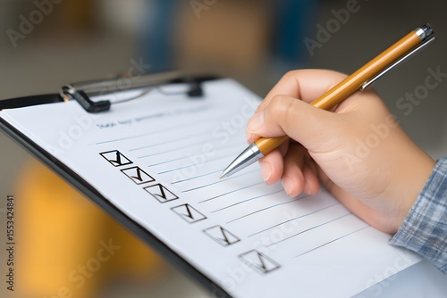 Hand Filling Out Checklist on Clipboard.