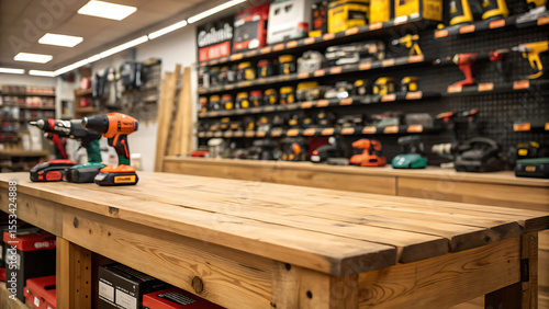 Shop for selling electric tools. Drills, screwdrivers, electric saws, grinder. Defocused, blurred image. 
In the foreground is the top of a wooden table, counter. with copy space image.