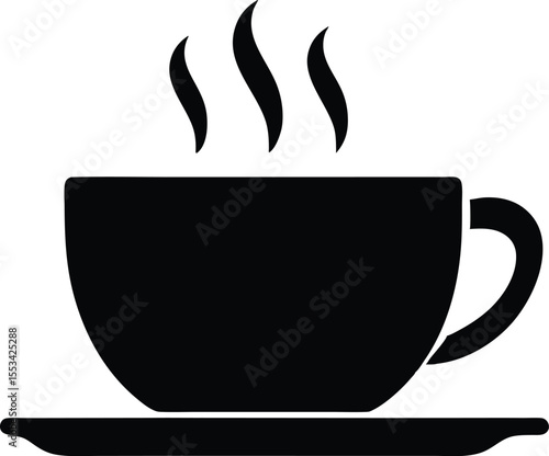 Steaming black coffee cup on saucer emits heat waves, with a transparent background