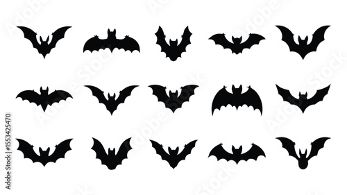 Collection of Black Bat Silhouettes in Different Flying Positions, Isolated on a White Background