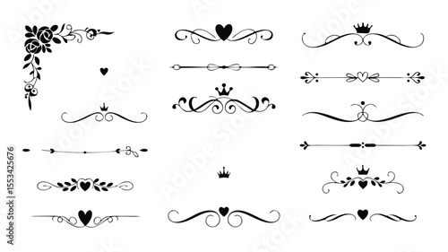 Collection of Black Ornamental Dividers, Page Borders, and Corner Embellishment Featuring Hearts, Crowns, Roses, and Swirls