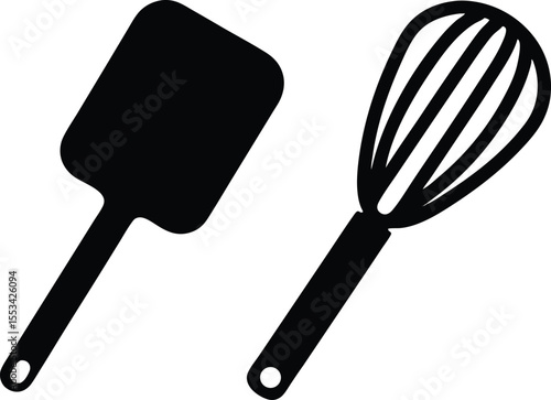 Black spatula and whisk icons present kitchen essential equipment over a transparent background
