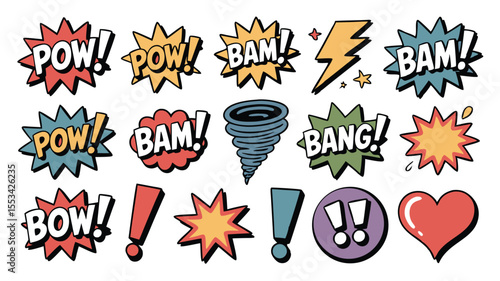 Colorful Comic Book Style Speech Bubbles Featuring Pow!, Bam!, Bang!, Exclamation Points and Cartoon Tornado