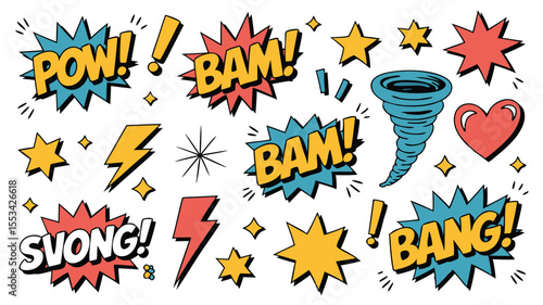 Comic Book Style Cartoon Pop Art Clipart of Exclamations, Symbols, and Colorful Elements