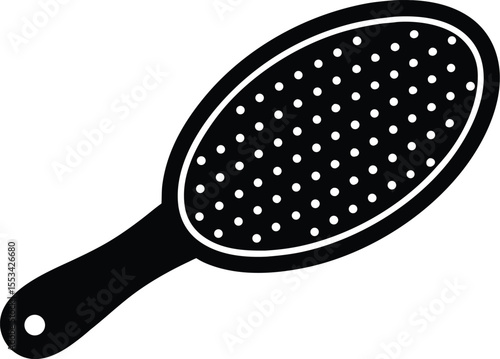 Black oval hairbrush with bristles sits isolated against a transparent background