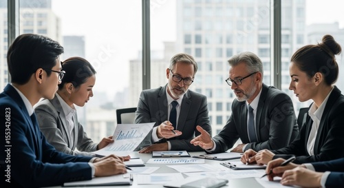 Diverse Business Team Analyzing Financial Data and Charts in Modern Office
