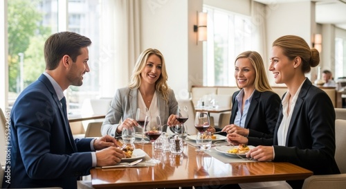 Business Lunch Meeting: Confident Professionals Enjoying a Delicious Meal