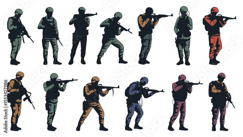Illustration Armed Soldiers in Uniforms with Rifles, Silhouetted Against a White Background