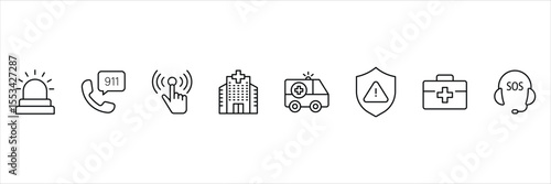 Emergency call 911 hospital support icon set for alert ambulance service safety medical help rescue aid protection signal.
