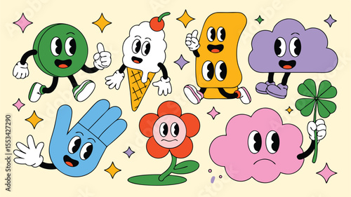 Retro Cartoon Characters Smiling Circle, Waving Hand, Ice Cream Cone, Cloud, and Flower Graphics