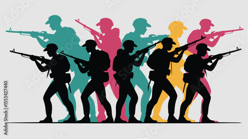Silhouetted Soldiers Holding Rifles with Teal, Pink, and Yellow Overlays on a Light Background