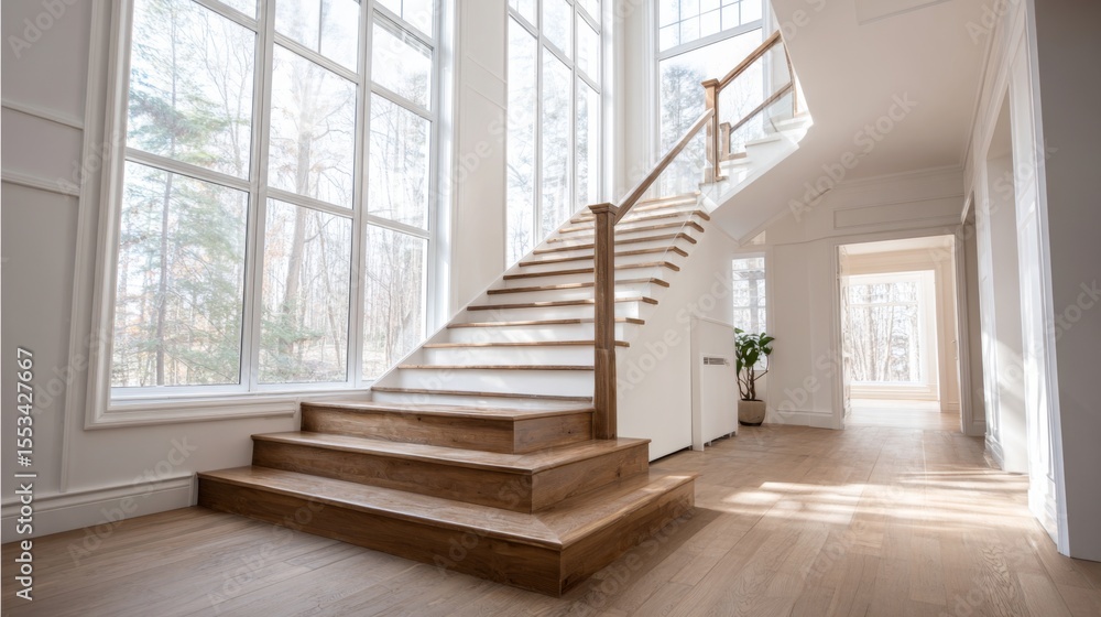 Obraz premium An elegant staircase in a minimalist home, showcasing wooden steps and a simple railing, leading to a bright upper level with large windows and natural light.