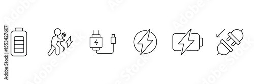 Charging energy plug battery connection power adapter spark bolt electricity source icon set line style vector illustration.
