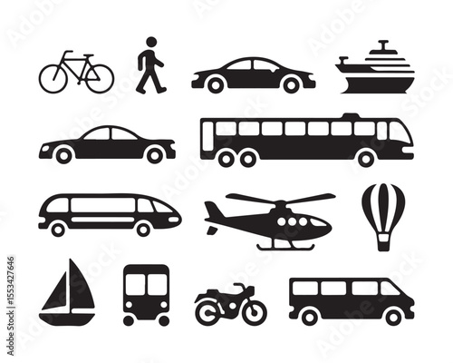 Transportation Icons Bike, Walker, Cars, Bus, Helicopter, Hot Air Balloon, Ship, Van, Motorcycle