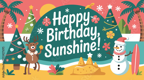 Tropical Christmas Birthday Card with Reindeer, Snowman, and Palm Trees on a Beach