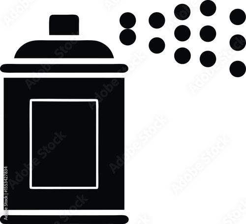 Black aerosol spray can emits dots on a plain white background within a basic scene