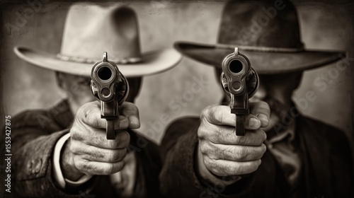 old worn vintage sepia toned polaroid photo of cowboy outlaw gunslinger pointing revolver at camera