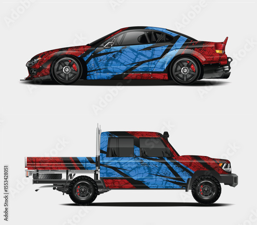 Car and Truck Wrap Designs with Red and Blue Graphics