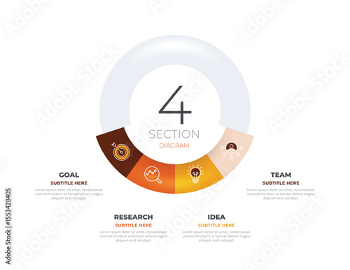 Semicircle pie chart divided into 4 parts. Concept of five step infographic