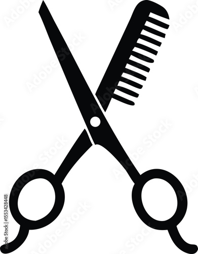 Black scissors are crossed over a comb in this transparent design