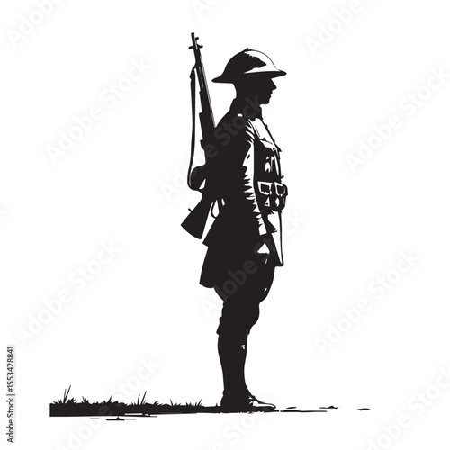 Solemn world war one soldier standing in profile holding rifle with backpack and equipment silhouette