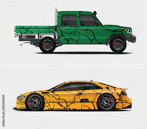 Custom Car Wraps Green Truck and Yellow Racing Car