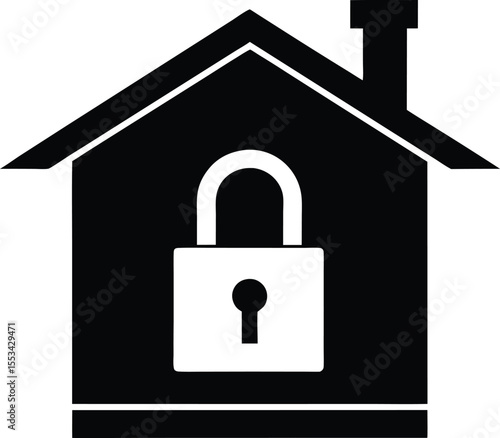 Black house silhouette is secured by a white padlock, over a transparent background