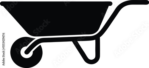 Black silhouette of a wheelbarrow depicts gardening or construction equipment on transparent background