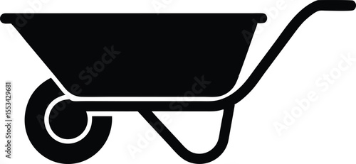 Black silhouette wheelbarrow, a single wheel construction equipment against the white background is showcased