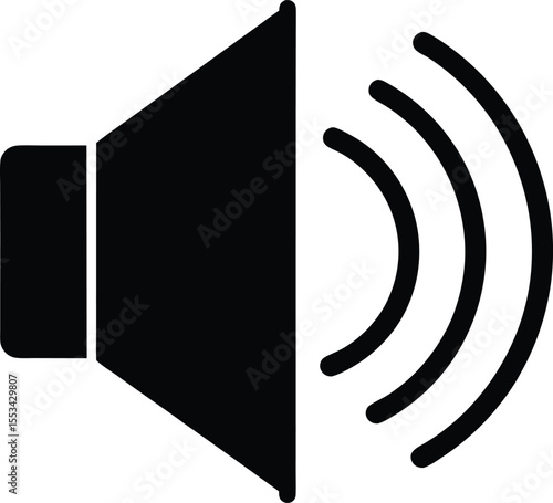 Black speaker icon with three sound waves is isolated over a white background