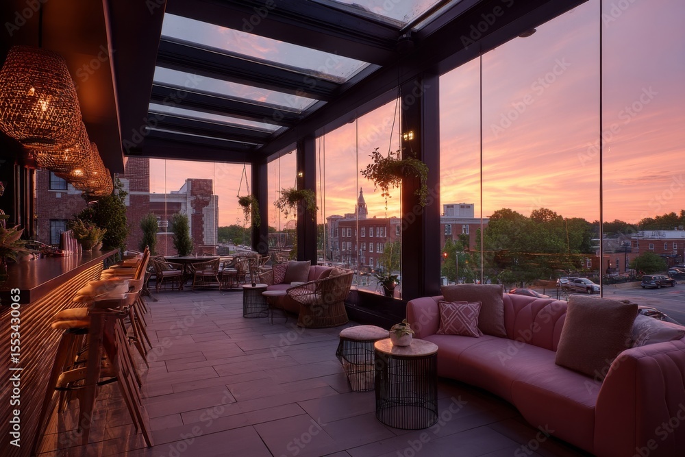 Fototapeta premium Enjoy a beautiful sunset at this luxurious rooftop bar with a stunning view and stylish decor.