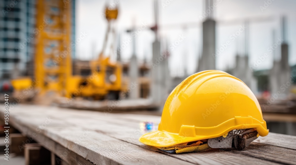 Close-up of a yellow construction helmet on a job site wooden surface Close-up of a yellow construction helmet on a job site wooden surface